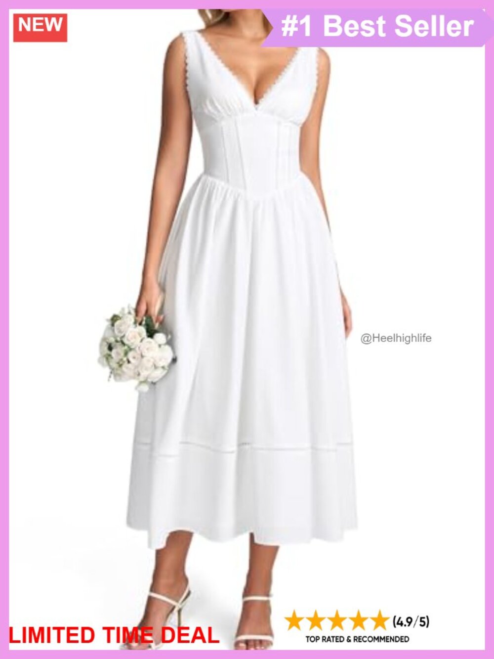 V Neck Floral Corset Midi Dress Lace Trim A-Line Summer Wedding Guest